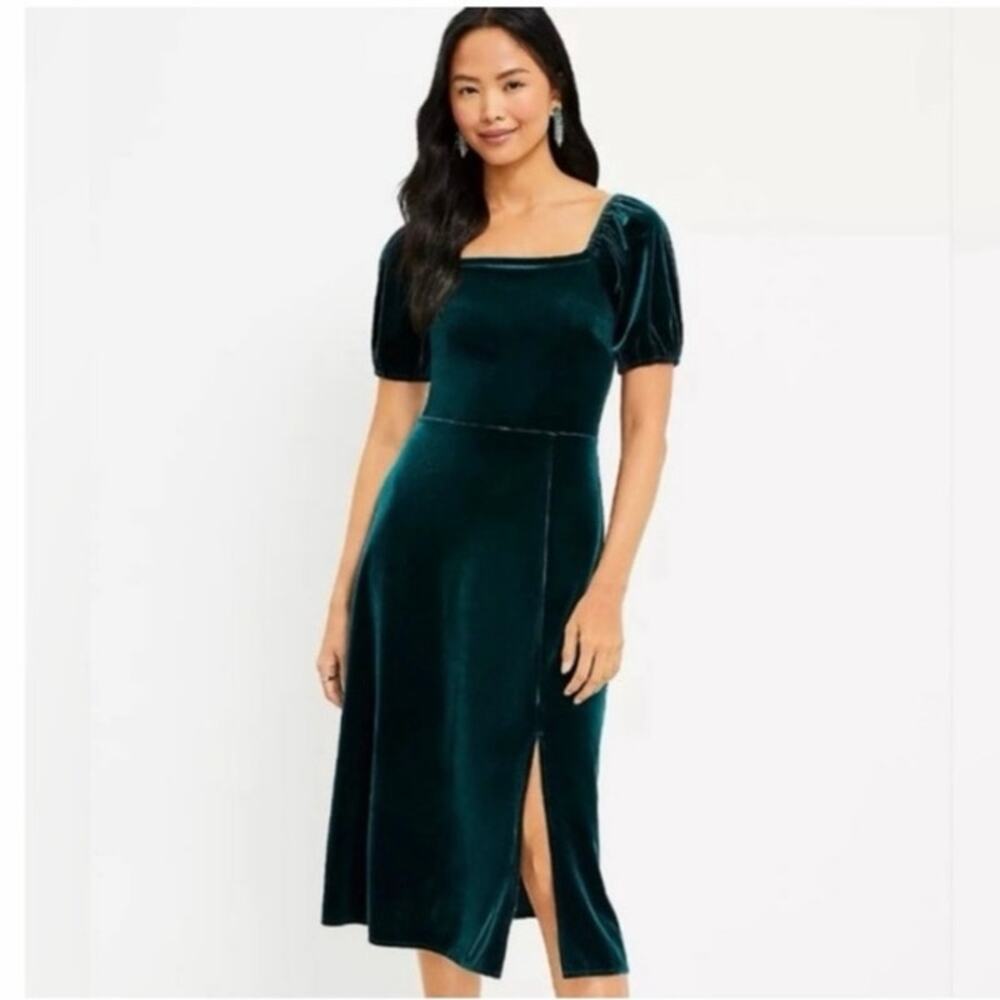 Loft Green Velvet Puff Sleeve Midi Dress Size 10 Holidays Christmas NWT New